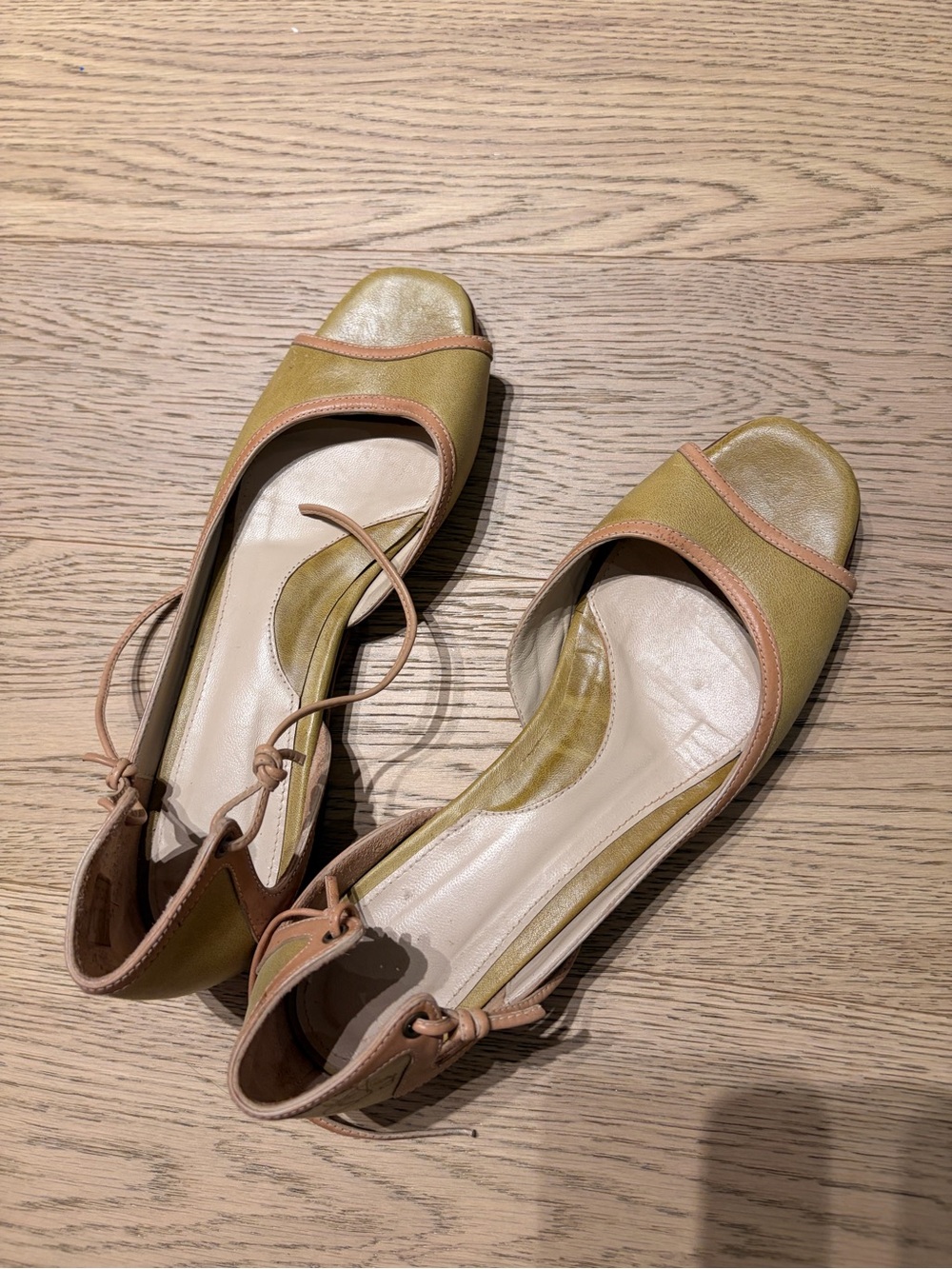 John Fluevog Olive Green and Tan Ankle-Tie Flats